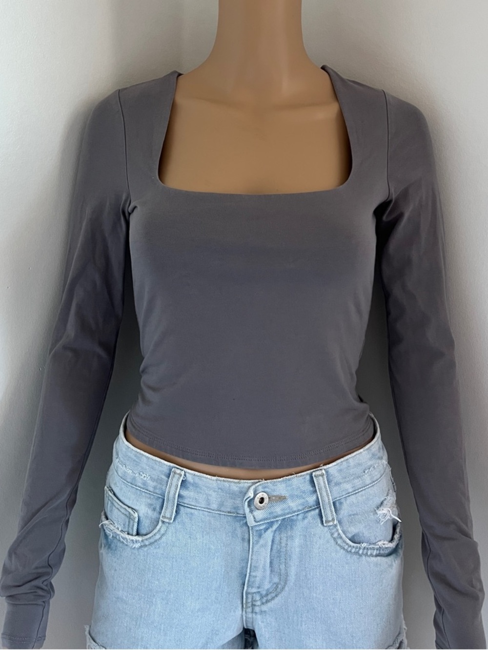 Garage Square Neck Long Sleeve Crop Top - Gray